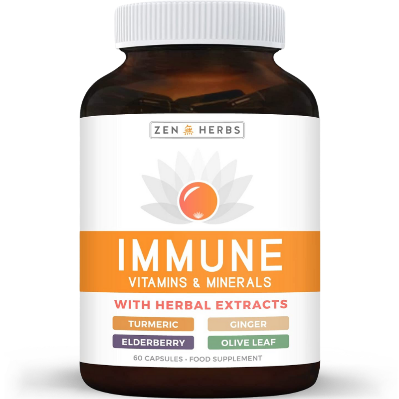 Immune vitamin & minerals with herbal extracts of turmeric, ginger, elderberry and olive leaf. 60 capsules.