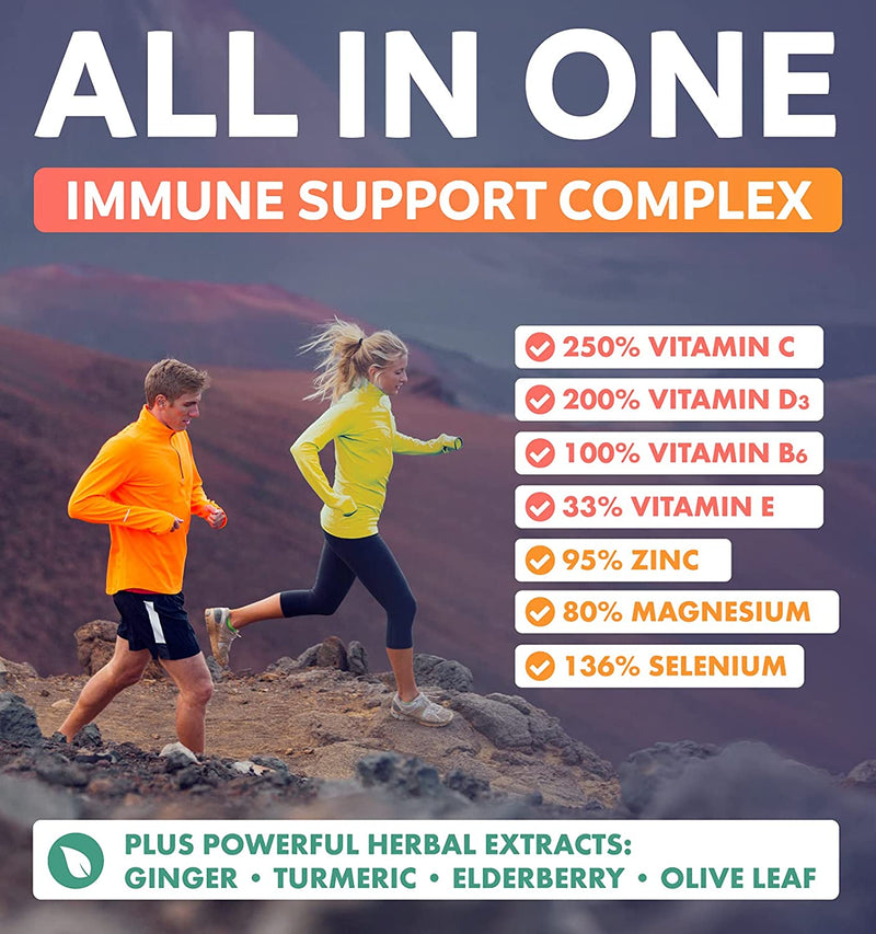 All-in-one immune support complex. 250% Vitamin c, 200% vitamin D3, 100% Vitamin B6, 95% zinc, 80% magnesium and 136% selenium.